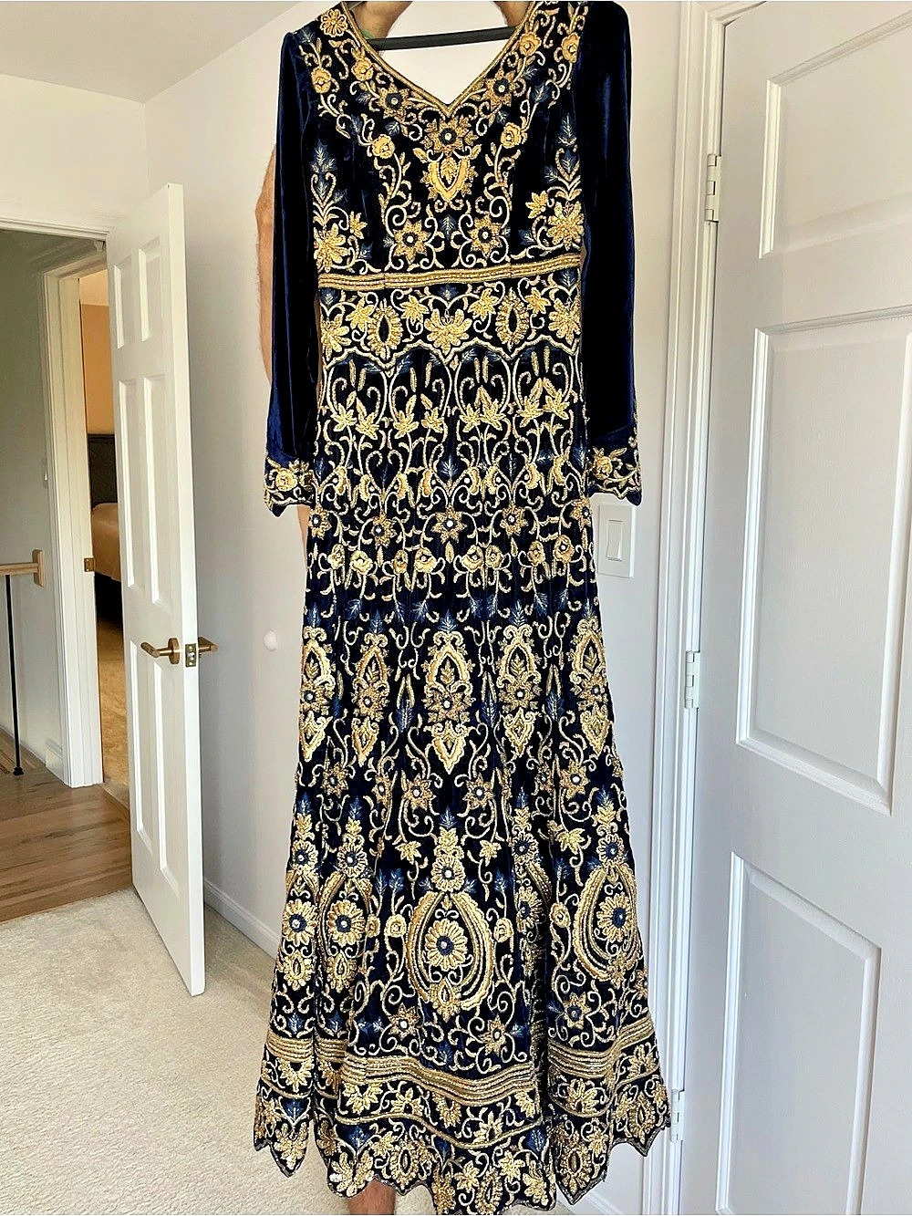 Embroidered Velvet Maxi Dress in Blue & Gold Like New